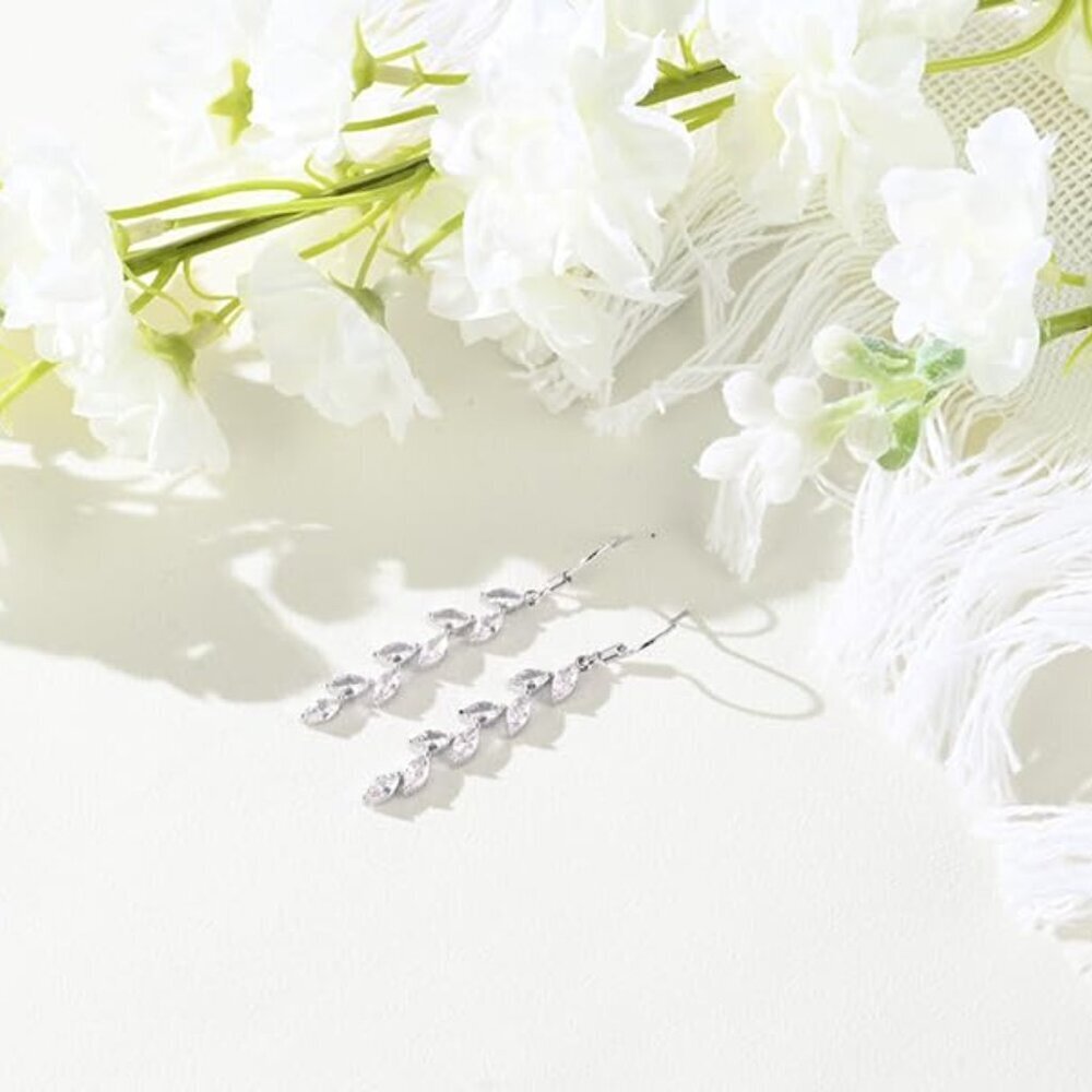 Handmade Silver Leaf Earrings Crystal Wedding Dangle Earrings for Brides Bridesm - Picture 5 of 8